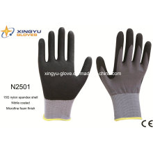 Nylon Spandex Shell Nitrile guantes de trabajo de Saftey recubiertos (N2501)